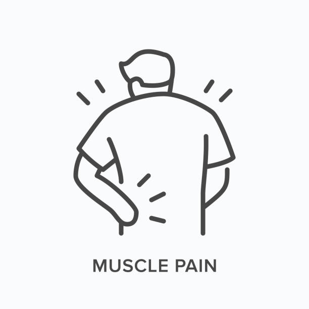 Person with backache line icon. Vector outline illustration man with musle pain. Human with spine problems Person with backache line icon. Vector outline illustration man with musle pain. Human with spine problems. back pain stock illustrations