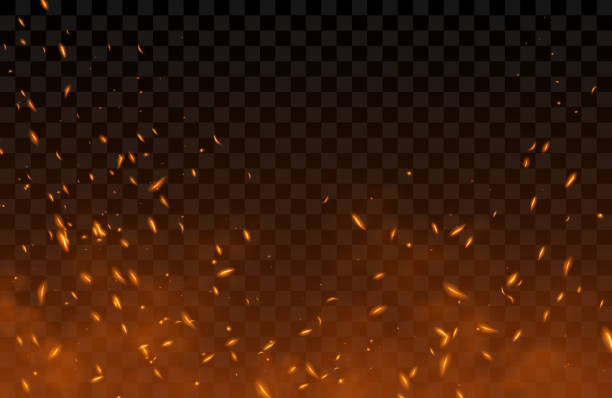 Smoke, flying up sparks and fire particles Smoke, sparks and fire particles, flying up embers and burning cinder. Vector realistic heat effect of flame in bonfire, from blacksmith works or hell isolated on transparent background flame sparks stock illustrations