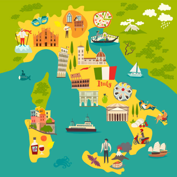 illustrations, cliparts, dessins animés et icônes de affiche de l’italie. carte de dessin animé de l’italie pour l’enfant/enfants - italy map sicily cartography