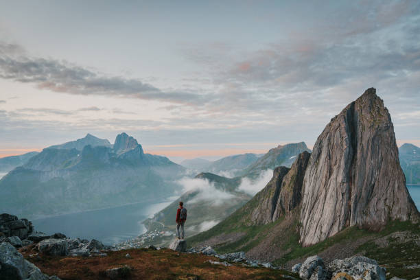 istock Man hiking in mountain on Senja island 1217569827