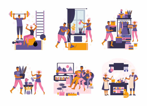 ilustrações de stock, clip art, desenhos animados e ícones de young couple spend time at home. spending time together. family home leisure in quarantine. people doing sports, cooking, watching movies, doing housework, taking care of the plants. flat illustration - apartment television family couple