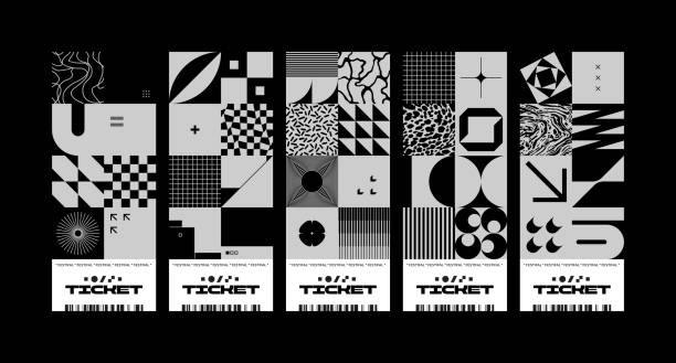 추상 벡터 기하학적 패턴축제 티켓 디자인 템플릿 - brutalism stock illustrations