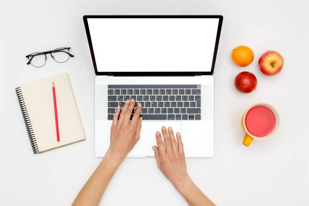 istock Office desk table with laptop, and supplies. Top view 1217572057
