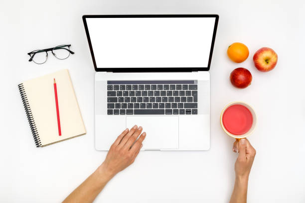 istock Office desk table with laptop, and supplies. Top view 1217572071