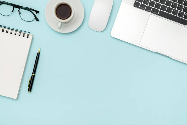istock Office desk table with laptop, and supplies. Top view 1217572242