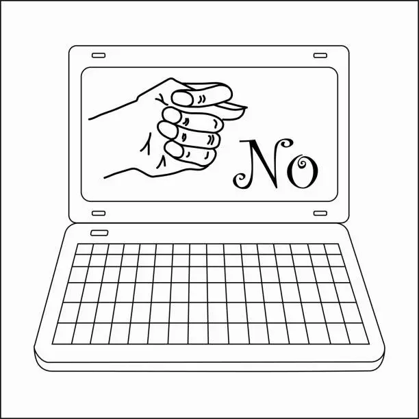 Vector illustration of Vector illustration or picture of isolated open laptop, pc, notebook or computer on the white background with fico or fig gesture drawn by means of black lines on display or screen with word no