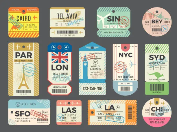 Vector illustration of Baggage retro tags. Traveling old tickets flight labels stamps for luggage vector set