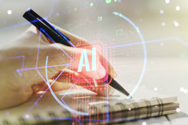 istock Creative artificial Intelligence symbol concept with woman hand writing in notebook on background. Multiexposure 1217575001