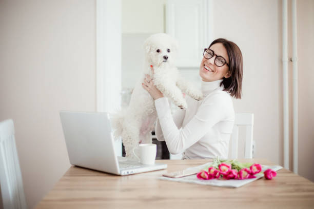 istock Young woman working from home and playing with her dog 1217575110