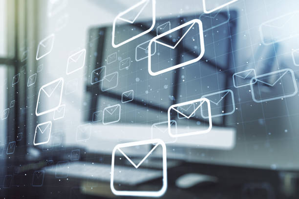 Creative concept of postal envelopes illustration on modern laptop background. Email and communications concept. Multiexposure