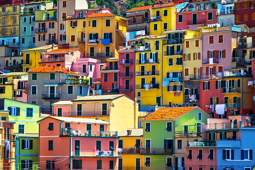 Beautiful colorful houses, architectural background, traditional little painted homes, the amazing unique architecture of an Italian coastal village, Cinque Terre