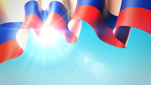 The sun shines through the waving flag of russia. Waving flag of russia on blue sky for banner design. Festive patriotic design pattern, template. Russian holidays background. 3d illustration The sun shines through the waving flag of russia. Waving flag of russia on blue sky for banner design. Festive patriotic design pattern, template. Russian holidays background. 3d illustration 1945 stock pictures, royalty-free photos & images