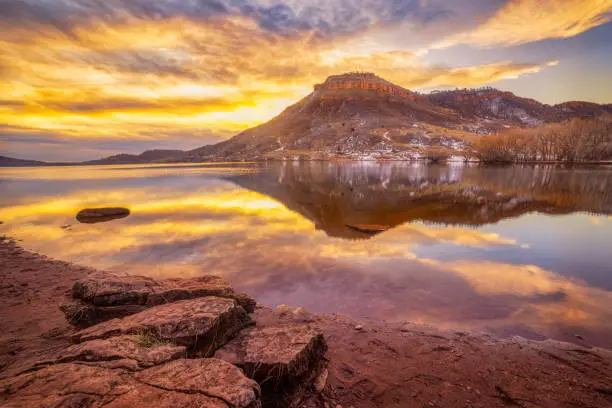 Colorful Clouds reflect in the lake at Flatiron Reservoir in Larimer County Colorado