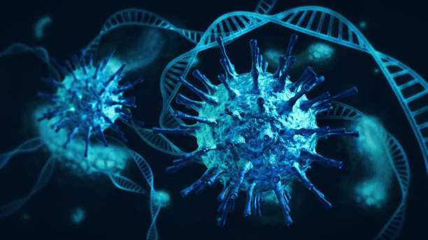 ominous blue coronavirus cells intertwined with dna and white blood cells on dark - spore imagens e fotografias de stock