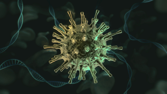 Single Coronavirus cell with DNA strands and white blood cells