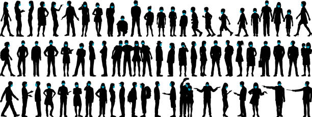 ilustraciones, imágenes clip art, dibujos animados e iconos de stock de personas altamente detalladas que usan máscaras quirúrgicas - crouching silhouette men people