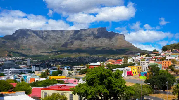 Scenic view of Table Mountain from Bo-Kaap or Malay in a beautiful sunny day. Stylized and filtered to resemble an oil painting. March 2020