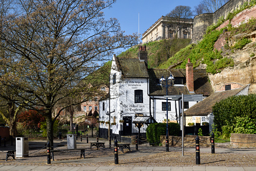 Nottingham, UK. April 7th 2020. Uk Coronavirus Lockdown Day 14. Nottingham city continues with social distancing and Lockdown of non-essential travel. Ye Olde Trip to Jerusalem England's oldest public house closed until further notice due to Coivd-19 Lockdown.
