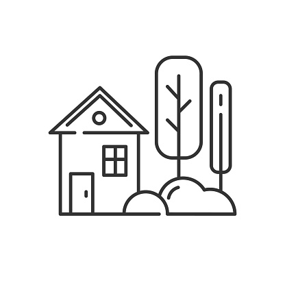 Small house with garden linear icon. One storey village and yard. Townhouse facade. Countryside house exterior. Thin line contour symbols. Isolated vector outline illustration. Editable stroke