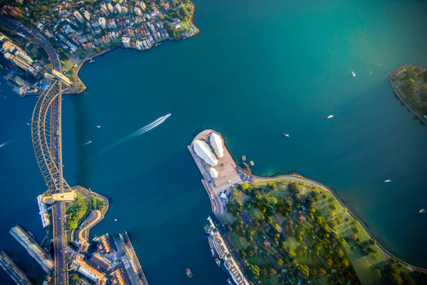 sydney harbour australia, aerial view - circular quay fotos imagens e fotografias de stock