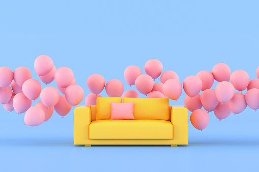 Minimal conceptual idea of yellow sofa surround with pink floating balloons on blue background. 3D rendering.