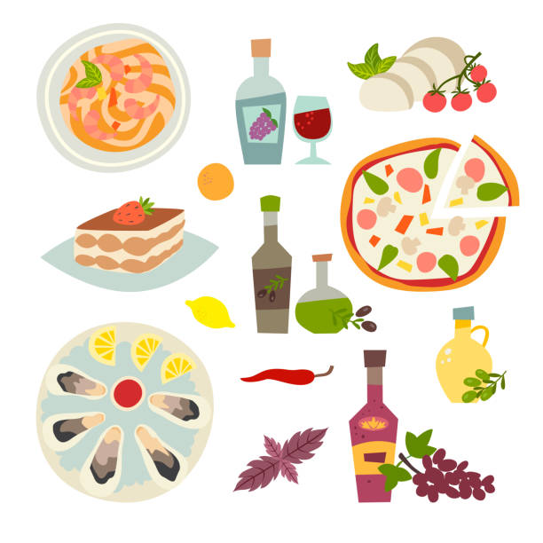 итальянский набор значков вектора еды. коллекция итальянских кузенов - food italian culture salad spaghetti stock illustrations