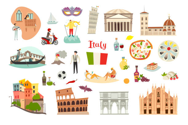 illustrazioni stock, clip art, cartoni animati e icone di tendenza di set vettoriale di punti di riferimento dell'italia - milano