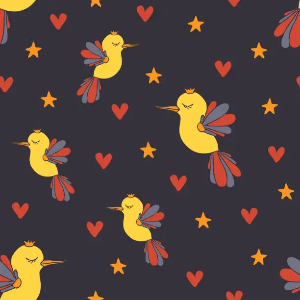 Vector illustration of Seamless vector pattern with cute birds on blue background. Lovely wallpaper design with dreaming birds and stars.