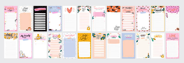 Collection of weekly or daily planner, note paper, to do list, stickers Collection of weekly or daily planner, note paper, to do list, stickers templates decorated by cute beauty cosmetic illustrations and trendy lettering. Trendy scheduler or organizer. Flat vector To Do List stock illustrations