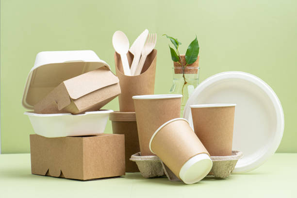 istock Eco-friendly disposable containers for food and drinks over green 1217588991
