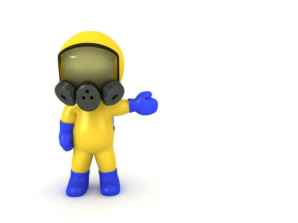 istock 3D Character wearing hazmat suit and pointing to the right 1217590085