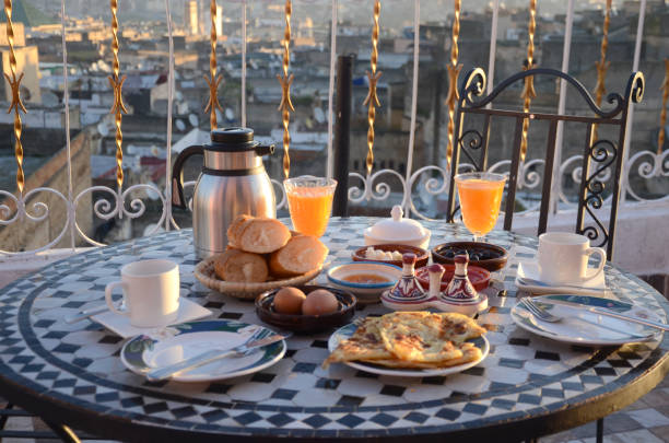 istock Traditional Moroccan breakfast with msemen bread and egg at Fes. 1217590434