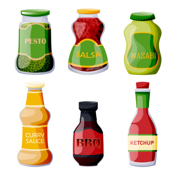 ilustrações de stock, clip art, desenhos animados e ícones de sauces icons in glass jars and bottles. cooking ingredients and condiment collection. vector food cartoon illustration - tomato curry