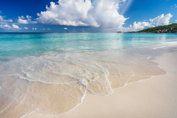 istock Ocean wave and cloudscape on tropical beach Grand Anse, La Digue Island, Seychelles 1217597033