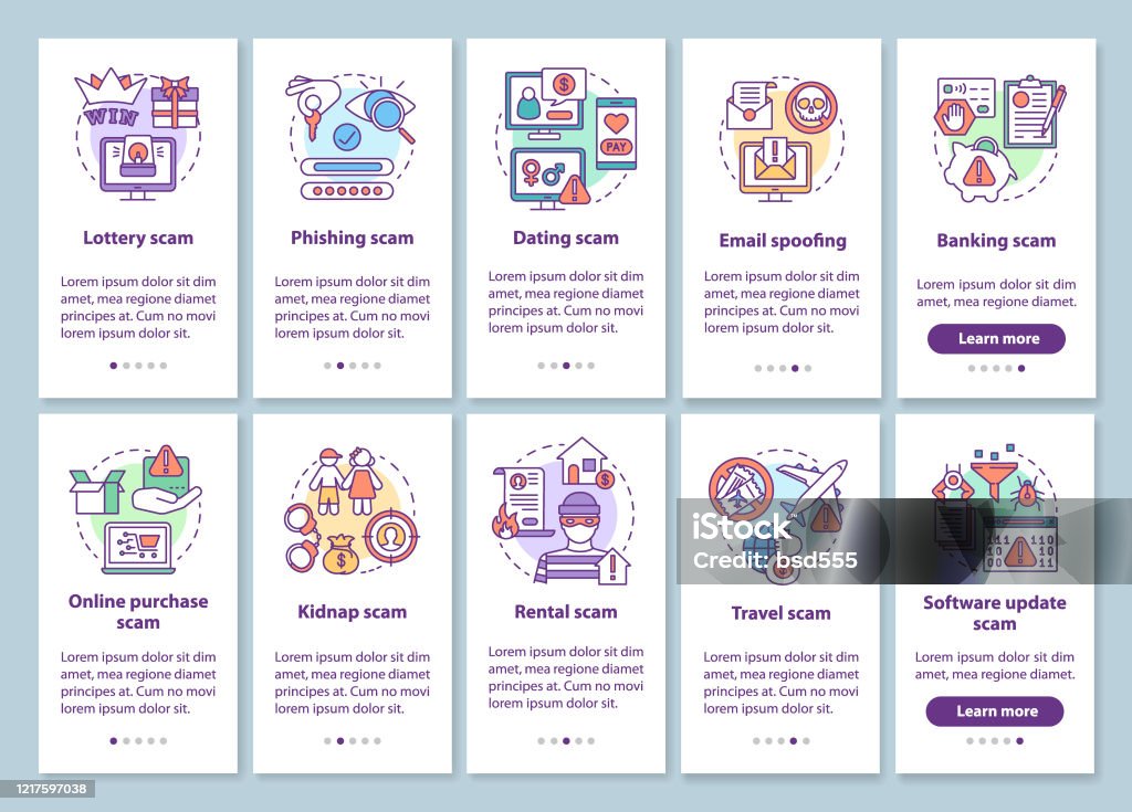 Scam Design Scam Types Onboarding Mobile App Page Screen With Linear Concepts Ten ...