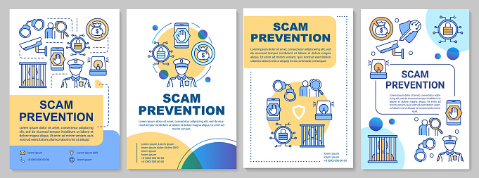 Scam prevention brochure template. Fraud protection flyer, booklet, leaflet, cover design with linear illustrations. Stopping illegal actions. Vector page layouts for magazines, advertising posters