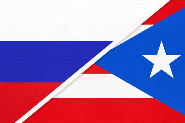 Russia vs Puerto Rico national flag from textile. Relationship and partnership between two countries. Russia or Russian Federation vs Commonwealth of Puerto Rico national flag from textile. Relationship, partnership and economic between two european and american countries. porto rico flag stock illustrations