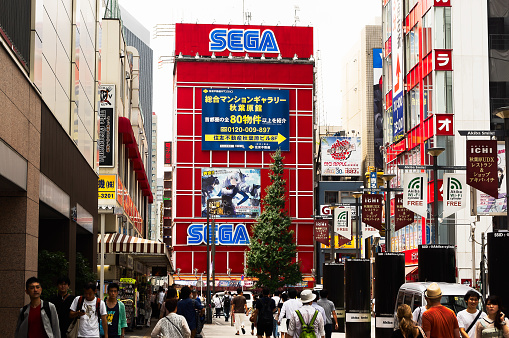 Akihabara, Tokyo, Japan - 14th August 2015: Akihabara Electric Town in Tokyo showing the colour of the district. Akihabara is a popular shopping district