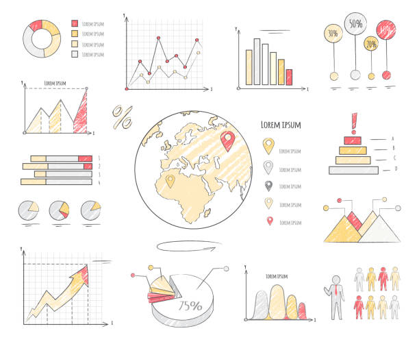 Earth Population Statistics Charts Illustration Earth population statistics charts isolated on white background. Planet model and statistic data with discription vector illustration. Colorful graphics and diagrams for presentation visualization. demographics infographics stock illustrations