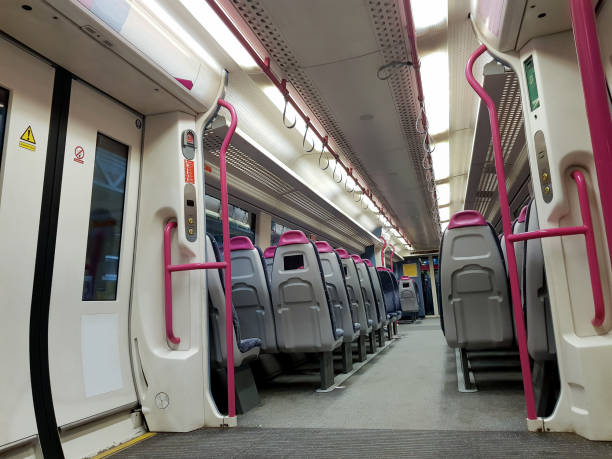 istock Inside of an empty wagon train. Interior view of corridor inside passenger trains with empty seats of Great Britain railway train system. 1217613225