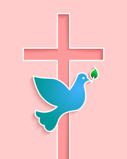 Dove flying and holding a green branch with cross in the background Dove flying and holding a green branch. Christianity concept with cross, crucifix, holy spirit and God symbols. Christian faith, belief and related religious symbol. whitsun stock illustrations