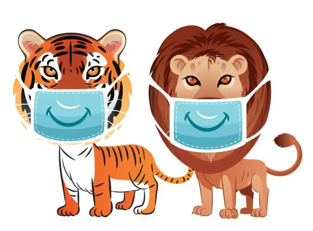 Vector illustration of Lion and tiger wearing a medical mask