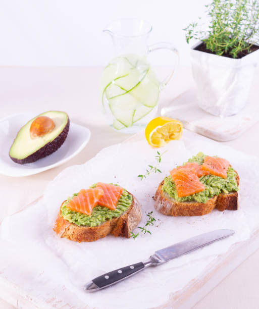 istock Two crispy toasts with avocado and salted salmon 1217618377