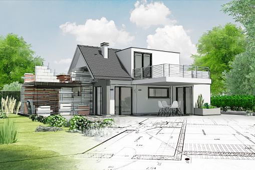 Modern villa blank no textures concept. Architecture concept for Real estate. White materials.