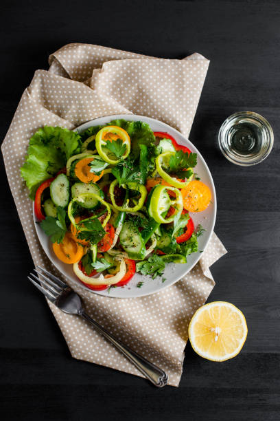 istock Vegetables on the plate. Sliced vegetables salad for a healthy diet. Top view. 1217619084