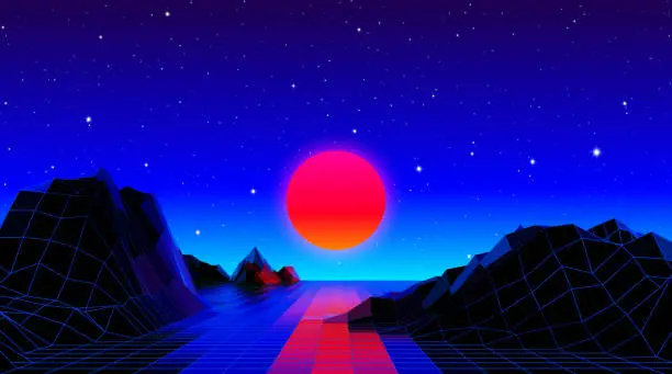 Vector illustration of Retro 80s styled futuristic landscape with red neon sun over the horizon and polygonal shiny grid for party poster, flyer or dj mix cover