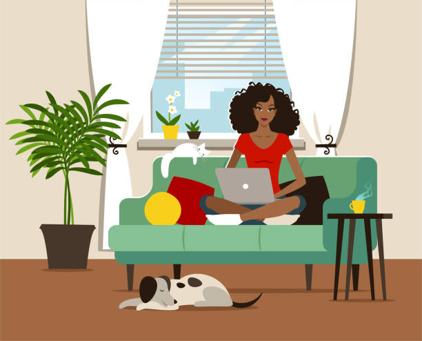 Home office Young woman using a laptop at home. sofa illustrations stock illustrations