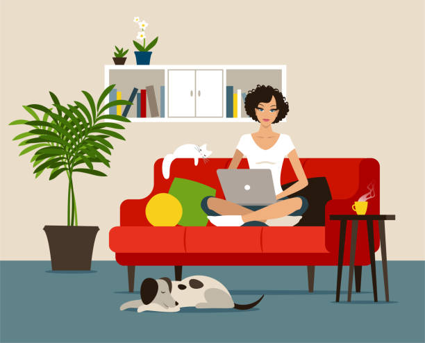 홈 오피스 - book sofa women bookshelf stock illustrations