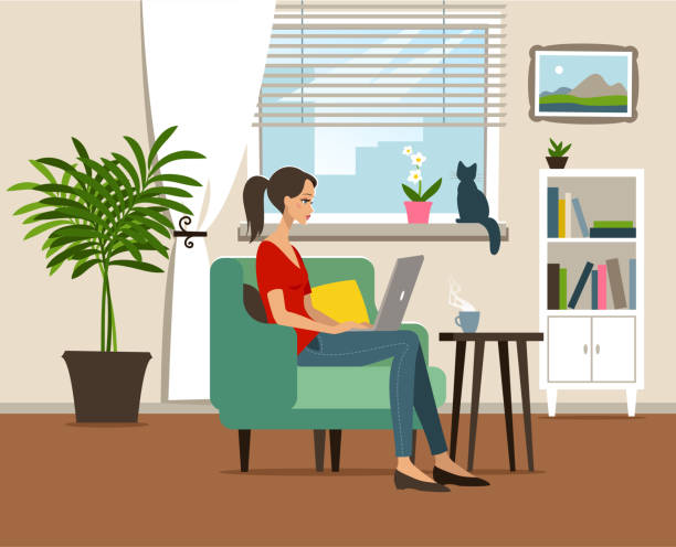 홈 오피스 - working at home women house computer stock illustrations