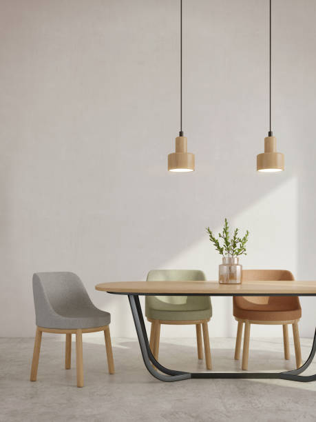 istock Modern dining room interior minimal style.Chairs,table,glass vase and ceiling lamp with sunlight on white wall background.3d rendering 1217621388
